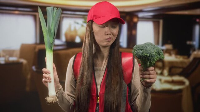 Woman courier holding leek in left hand and broccoli in right hand, pursed lips and thoughtful squint while weighing produce inside building; hesitation choice dilemma.