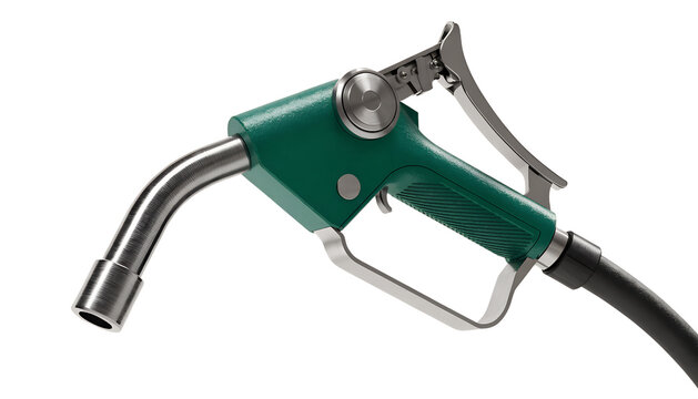 Green fuel pump nozzle with metallic spout and black hose isolated on white background symbolizing gasoline diesel refueling energy consumption and transportation industry