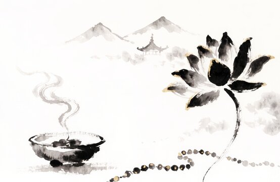 Serene Buddhist concept with lotus flower, incense, and mountains