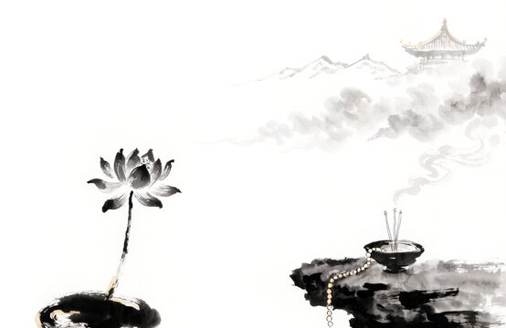 Serene Buddhist concept with lotus flower and incense burner on rocky outcrop
