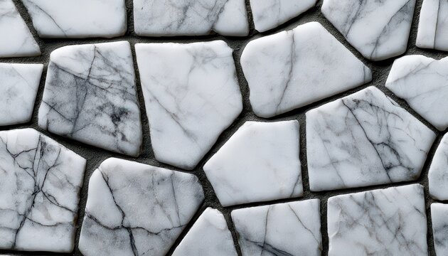A background of irregular white marble tiles with grey veining. Ideal for architectural design and interior decoration.