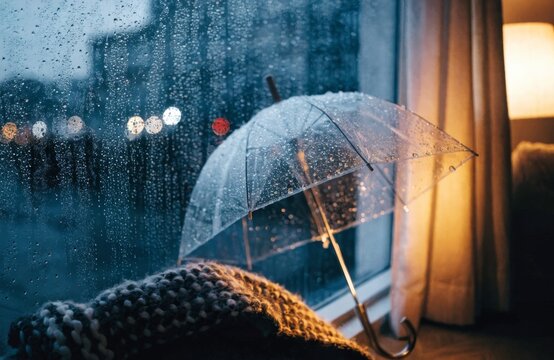 Transparent umbrella resting by window on a rainy day with bokeh lights