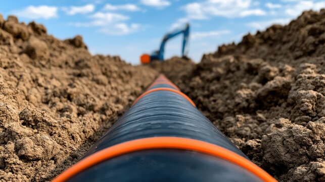 Black pipeline buried in a deep trench with an excavator working in the distance. Represents infrastructure and energy.