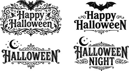 Vintage Halloween typography collection with bats and crescent moons for spooky designs © HajiNurul