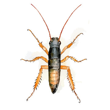 Earwig, beautiful watercolor illustration, isolated on a white background, soft and delicate colors.