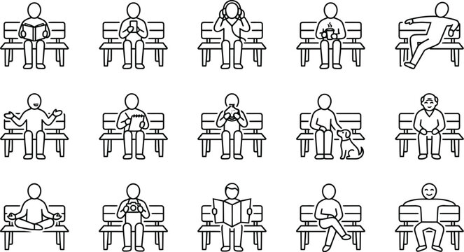 People Sitting on Park Bench Line Icons Vector Set - Activities and Relaxation