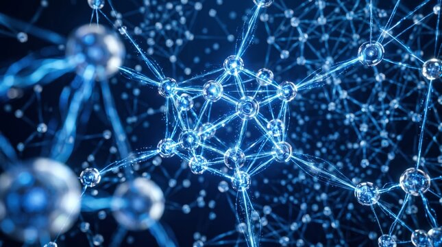 Abstract Blue Molecular Structure with Glassy Connected Spheres for Science and Nanotechnology