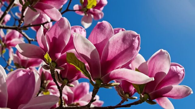 Low angle close up of pink magnolia tree flowers blooming against bright blue sky on sunny day