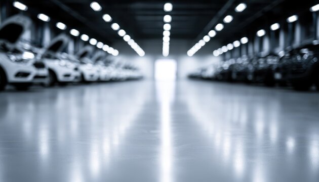 Modern automobile factory assembly line with rows of cars. Automotive manufacturing industry production concept.