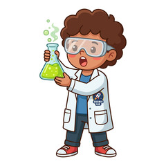 Cute child scientist boy with safety goggles doing lab experiment with green beaker