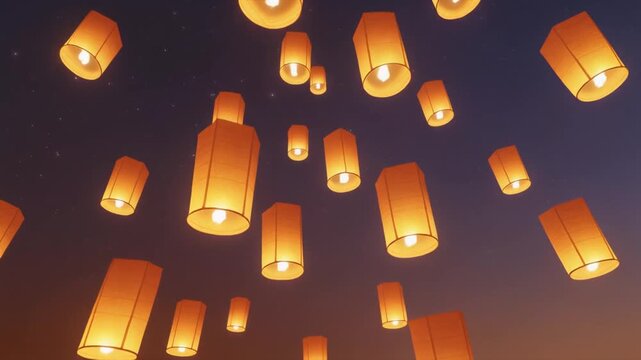 Floating Sky Lanterns Glowing Against Night Sky