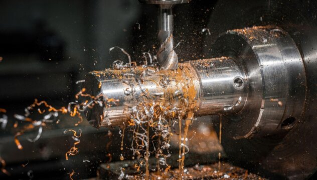 Close medium view of a vertical CNC mill precisely cutting a metal shaft coolant flowing to maintain tool temperature capturing chip evacuation up close.