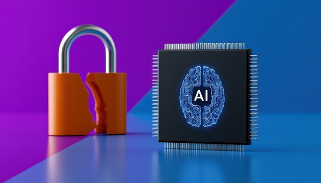 A glowing circuit-style AI brain processor stands next to a shattered orange padlock. Conceptual image for.