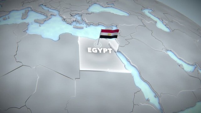 3D geographical map of Egypt with national flag and extruded borders. Clean silver and blue topography for educational documentaries, travel infographics, or widescreen presentation backdrops.
