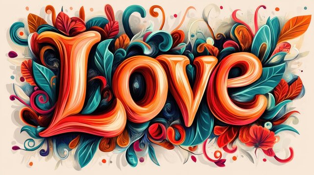 Ornate 3D "Love" word art with colorful floral design.