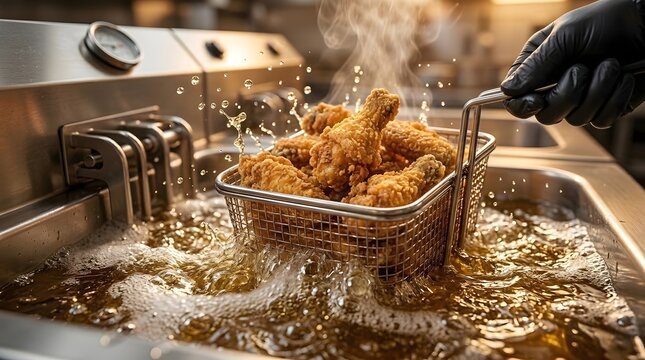 Crispy fried chicken, cooking in oil, deep frying, kitchen preparation, food service