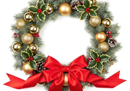 A beautiful festive Christmas wreath border features shimmering gold baubles and a luxury red satin ribbon bow over a plain white backdrop, vibrant, seasonal, shiny