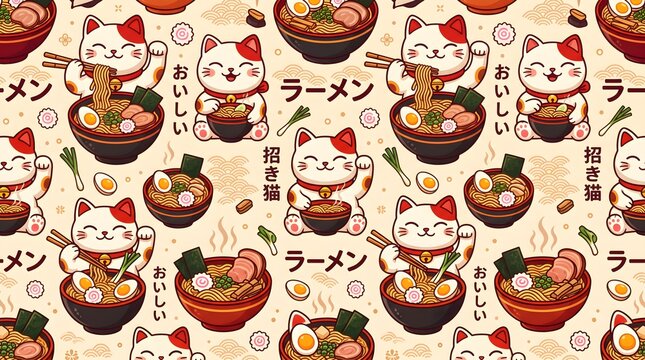 Maneki neko lucky cat eating ramen seamless pattern with Japanese text