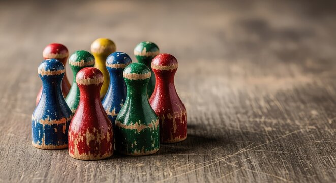A group of eight vintage wooden game pieces sits on a weathered surface, showing signs of heavy wear and antique charm from decades of play, group, detail, token