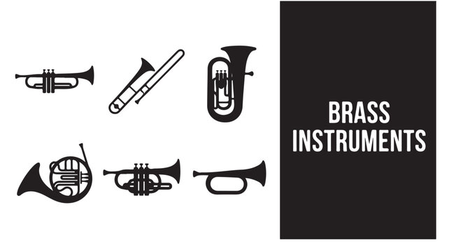Collection of black silhouette icons of various brass musical instruments for design and educational use