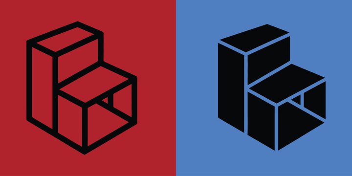 Isometric geometric block structure in outline and solid black styles on red and blue backgrounds