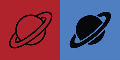 Planet saturn with rings in outline and solid black styles on red and blue backgrounds © Danial.Mehedi