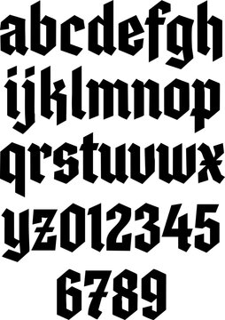 modern Gothic alphabet and numbers in black over white