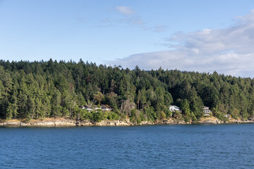 Fototapeta premium Seaside Forest Homes Along the Rocky Coast of Mayne Island, British Columbia, Canada