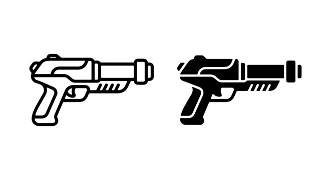 Sci-Fi Blaster Pistol Icons, Futuristic Weapon Vector Graphics, Space Gun Silhouette Set