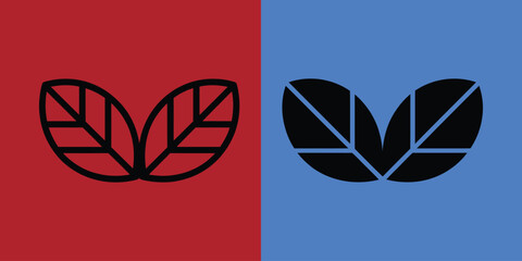 Stylized leaf pair featuring vein details in black outline and solid black silhouette on red and blue backgrounds © Danial.Mehedi