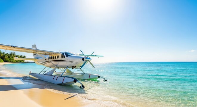A white luxury seaplane rests on a pristine sandy shore beside turquoise ocean water under a bright sun at a secluded tropical island resort, travel, fuselage, peaceful