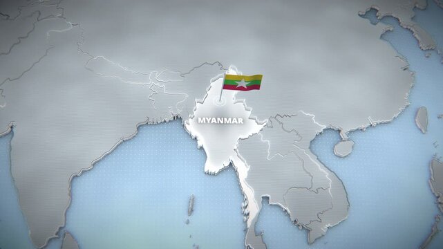 Extruded 3D map of Myanmar featuring an illuminated white inner glow, dot-grid ocean texture, and a waving national flag marker on a locator pin for widescreen geography presentations.
