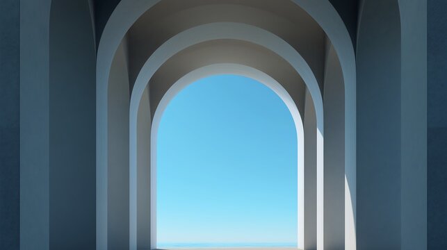 Minimal blue arched doorway framed by layered curves
