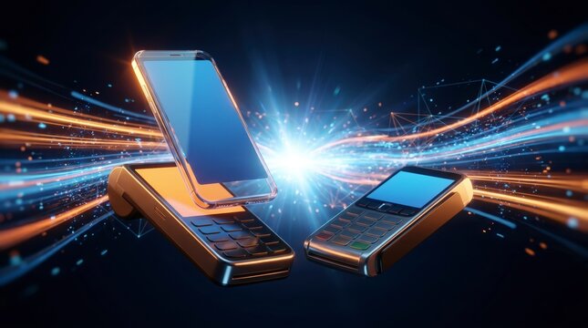 Floating smartphone and card terminal exchanging data over glowing digital light streams