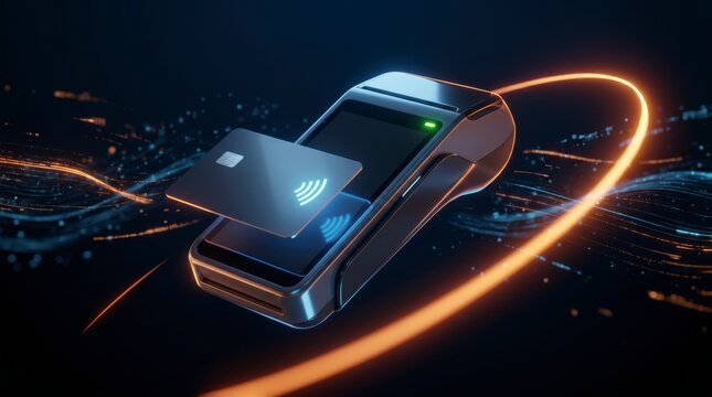 Black contactless card tapping payment terminal encircled by glowing orange data streams