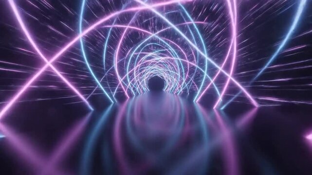 Neon Tunnel Dream: A mesmerizing tunnel of interwoven neon light tubes, glowing with vibrant pink and blue hues, creates a futuristic and immersive pathway, evoking a sense of wonder and exploration.