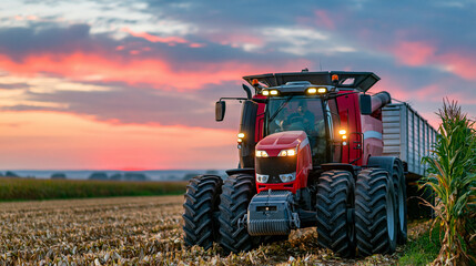 Obraz premium Combine harvester harvesting corn at sunset with farm machinery transferring grain into tractor trailer representing agricultural harvest concept for industry marketing and food