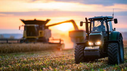 Fototapeta premium Combine harvester harvesting corn at sunset with farm machinery transferring grain into tractor trailer representing agricultural harvest concept for industry marketing and food