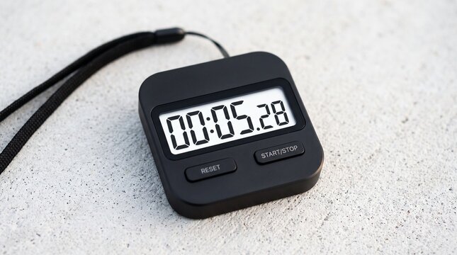 Digital stopwatch displaying countdown time. Electronic timer with precise seconds for sports, fitness, or productivity tracking.
