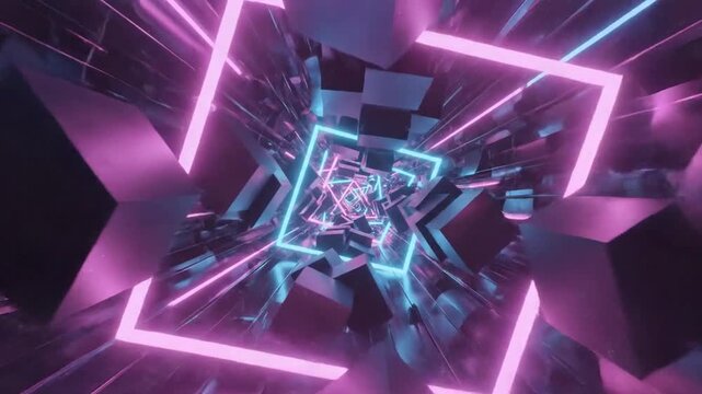 Neon Grid Tunnel: An abstract digital artwork featuring a mesmerizing tunnel of glowing neon grids and geometric shapes, pulsing with vibrant pink and blue light.