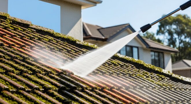 Powerful stream of water from a high pressure hose blasts thick moss off roof tiles of a suburban house with copy space for text inclusion, removal, background, hose