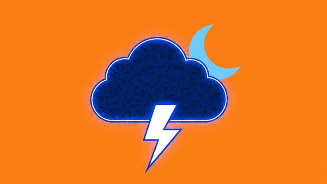 Animated Lightning Strike Inside Dark Storm Cloud With Crescent Moon Against Orange Background