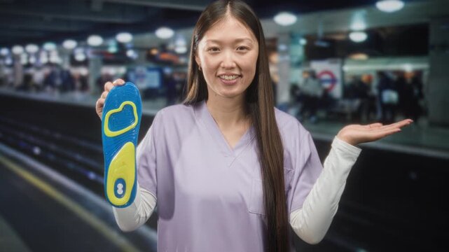 Woman doctor in scrubs holds a blue insole with one hand and gestures palm up on a subway platform inside a building; comfort reassurance.