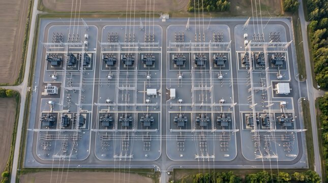 Aerial View of an Electrical Converter Station and Switchyard With Rows of Transformers Insulators and Overhead Transmission Lines Power Grid Technology