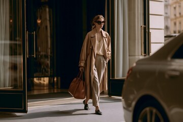 Naklejka premium Cinematic shot of an elegant woman with a traveling bag near a luxury hotel estate in the morning. High-end travel concept with a woman and luxury baggage outside a French hotel.
