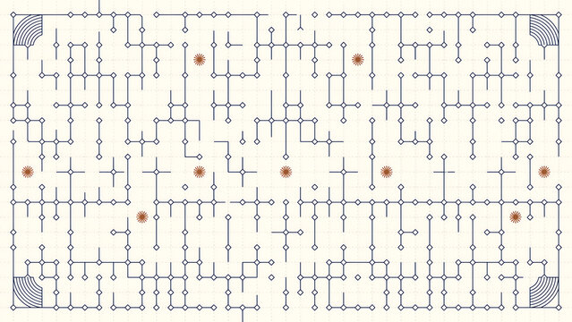 Blue circuit lines and dots form a complex grid pattern isolated on a transparent background