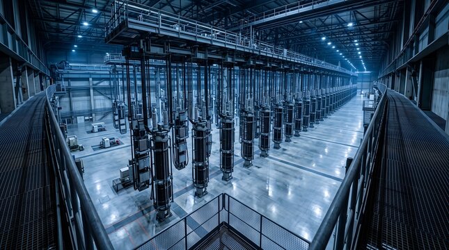 Elevated Gantry View Across an HVDC Converter Hall With Suspended Valve Towers and Overhead Busbars in a Cavernous Industrial Space Power Grid Technology