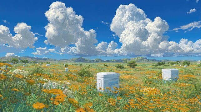 White monoliths in vibrant flower field under cloudy sky.