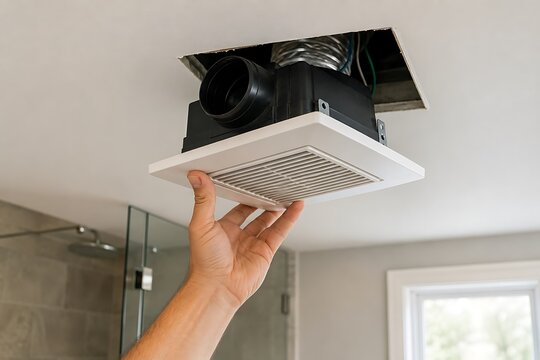 Bathroom exhaust fan installation hand holding new ventilation unit