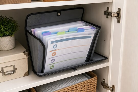 Portable file folder with tabs inside white cabinet for home organization